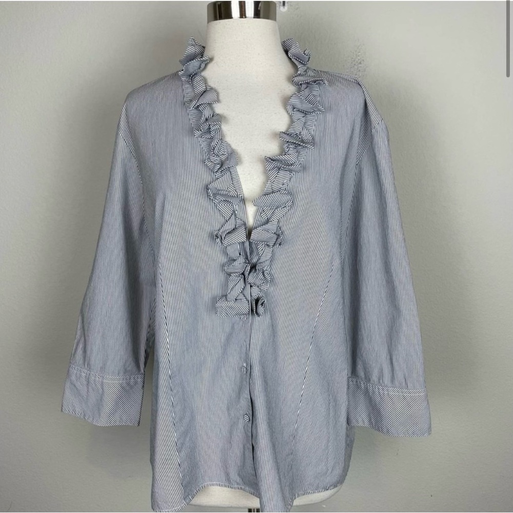 Talbots Gray Stripe Ruffle Button Up - Picture 2 of 10